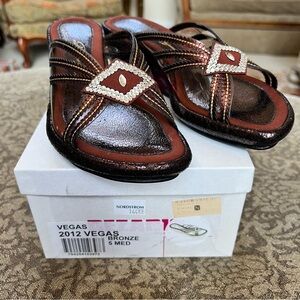 Dezario Vegas Bronze Gold Wedge Sandal  With Rhinestones Size 5 Reg. $144